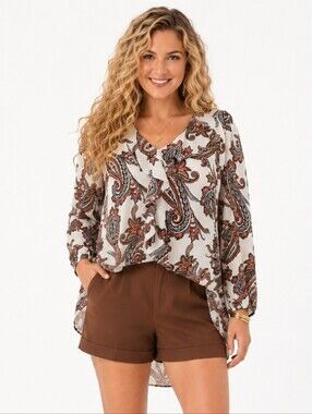 White House Black Market Paisley Ruffle Boho Blouse Top Size M